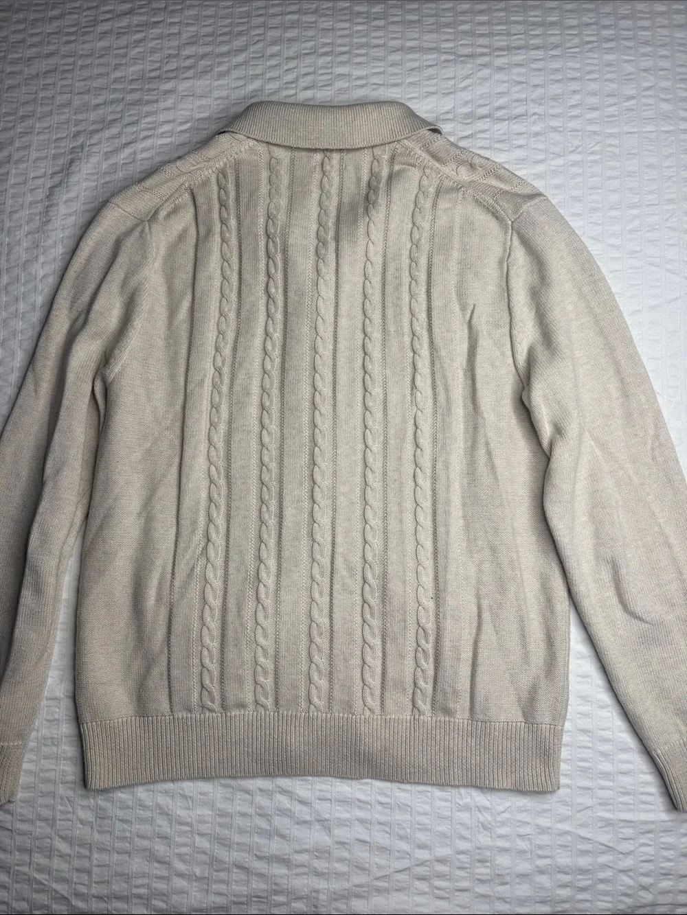 J. Crew Men's Cream Cable Knit Polo-Style Button Cardigan Size L - 100% Cotton